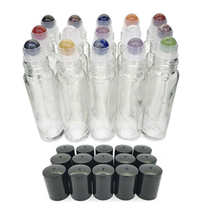 15pc Gemstone Set in FROSTED Glass LUXURY 10ml Roll On Bottles Chakras, Essential Oil Blends Amethyst, Sodalite, Rose Quartz Aventurine Jade