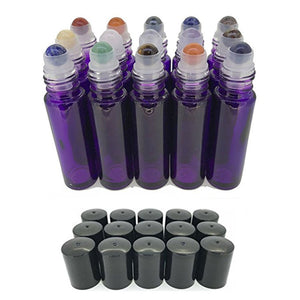15pc Gemstone Set in COBALT Blue Glass LUXURY 10ml Roll On Bottles Chakras Essential Oil Blends Amethyst, Jade, Purple Fluorite, Rose Quartz