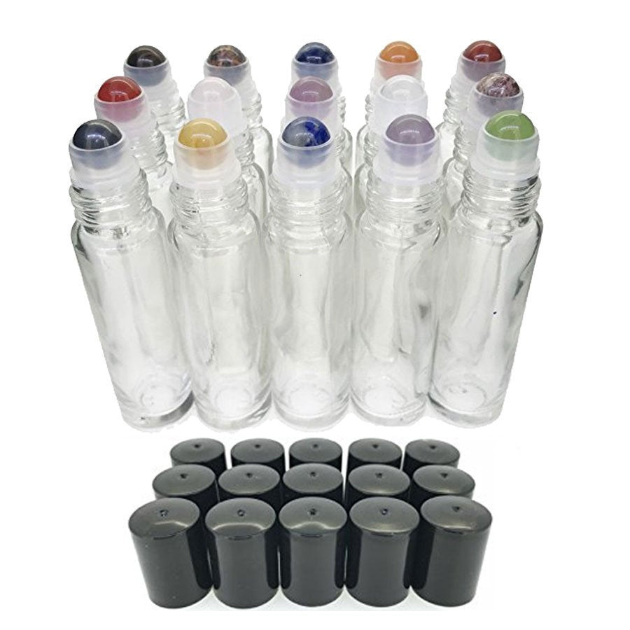 15pc Gemstone Set in CLEAR Glass LUXURY 10ml Roll On Bottles Chakras, Essential Oil Blends Amethyst, Carnelian, Fluorite, Hematite Jade