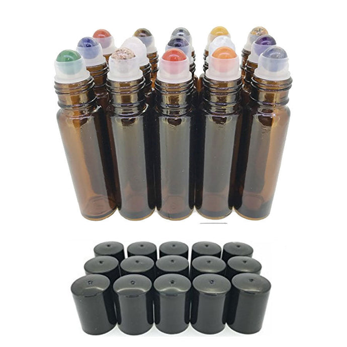 15pc Gemstone Set in AMBER Glass LUXURY 10ml Roll On Bottles Chakras, Essential Oil Blends Amethyst, Sodalite, Rose Quartz, Aventurine Jade