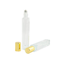 Load image into Gallery viewer, 1 LUXURY SQUARE Slim 10ml Clear Glass Roll-on, Gold Caps Roller Perfume Bottles Stainless STEEL Ball Fitment, 1/3 Oz Essential Oil,  10 ml