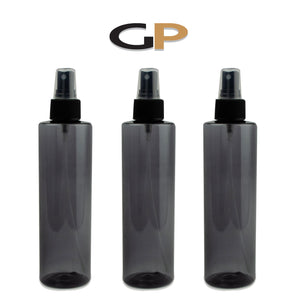 6 TRANSPARENT BLACK 250ml PET Plastic Cylinder Bottles with Black Fine Mist Atomizer Pump Dispenser Caps Perfume,Body Mist, Room Spray 8.3Oz