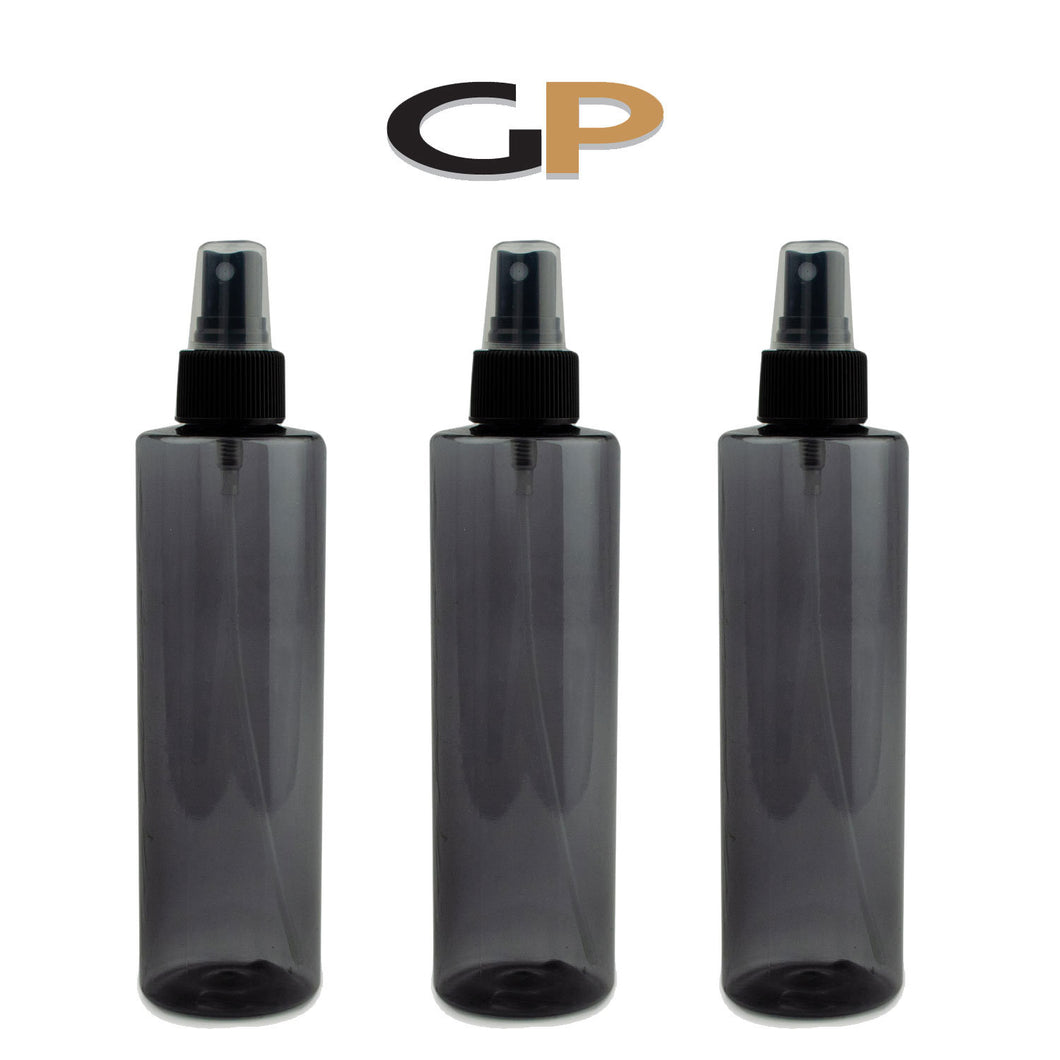 6 TRANSPARENT BLACK 250ml PET Plastic Cylinder Bottles with Black Fine Mist Atomizer Pump Dispenser Caps Perfume,Body Mist, Room Spray 8.3Oz