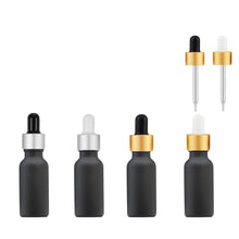 Load image into Gallery viewer, 12Pcs 15ml BLACK MATTE Glass Boston Round Bottles Premium Gold or Silver Metal Dropper Caps Essential Oil Serum Cosmetic Product Dispersal