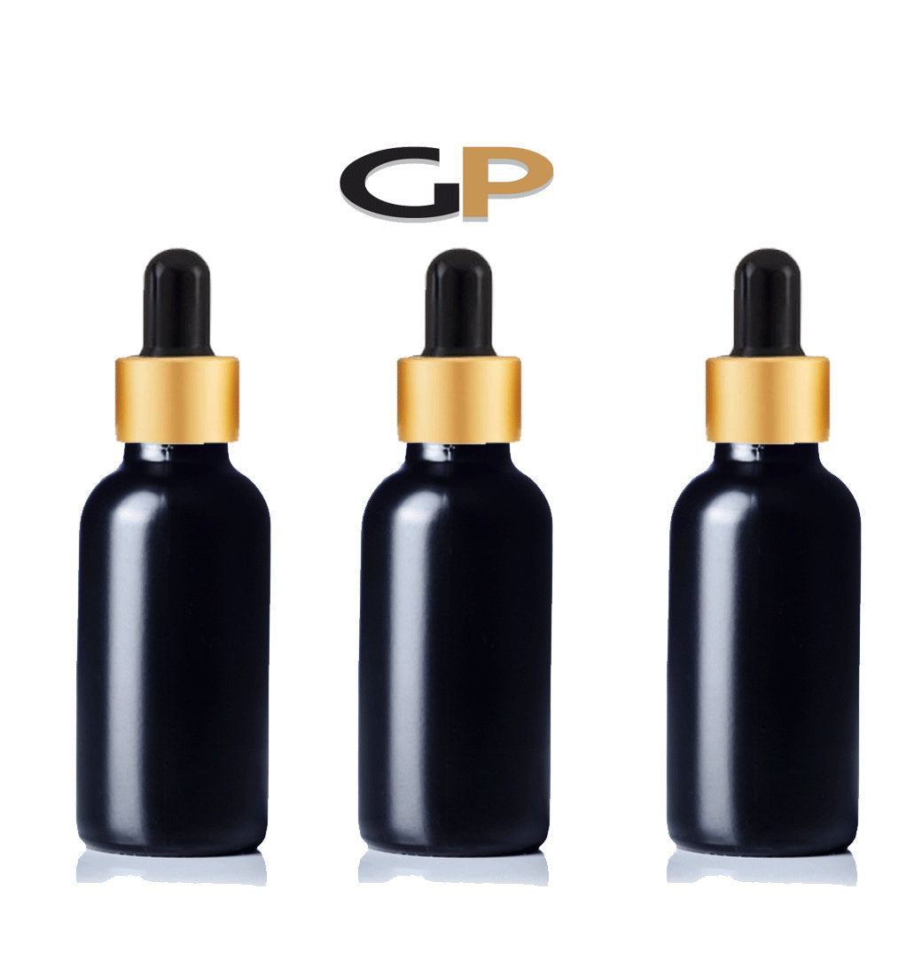 6 BLACK MATTE 60ml Glass Bottles w/ Metallic Matte Gold Dropper 2 Oz LUXURY Unisex Masculine Cosmetic Packaging Serum Essential Oil