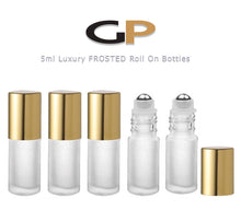 Load image into Gallery viewer, 6 FROSTED 5ml PREMIUM Roll On Bottles Stainless Steel Roller Balls 5 ml  1/6 Oz Essential Oil Perfume Lip Gloss Shiny Gold or Silver Cap