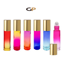 Load image into Gallery viewer, 12 Pcs KALEIDOSCOPE Set - OMBRE 10ml Glass Roll On Bottles Glass or Steel Roller Luxury Solid Shiny Gold Aluminum Cap Essential Oil Blends
