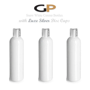 6 MiLK WHiTE Opaque 4 Oz PET Plastic Bottles w/ LUXE SILVER or Gold Disc Dispensing Cap 120ml Bottles Lotion Shampoo Body Cream Conditioner