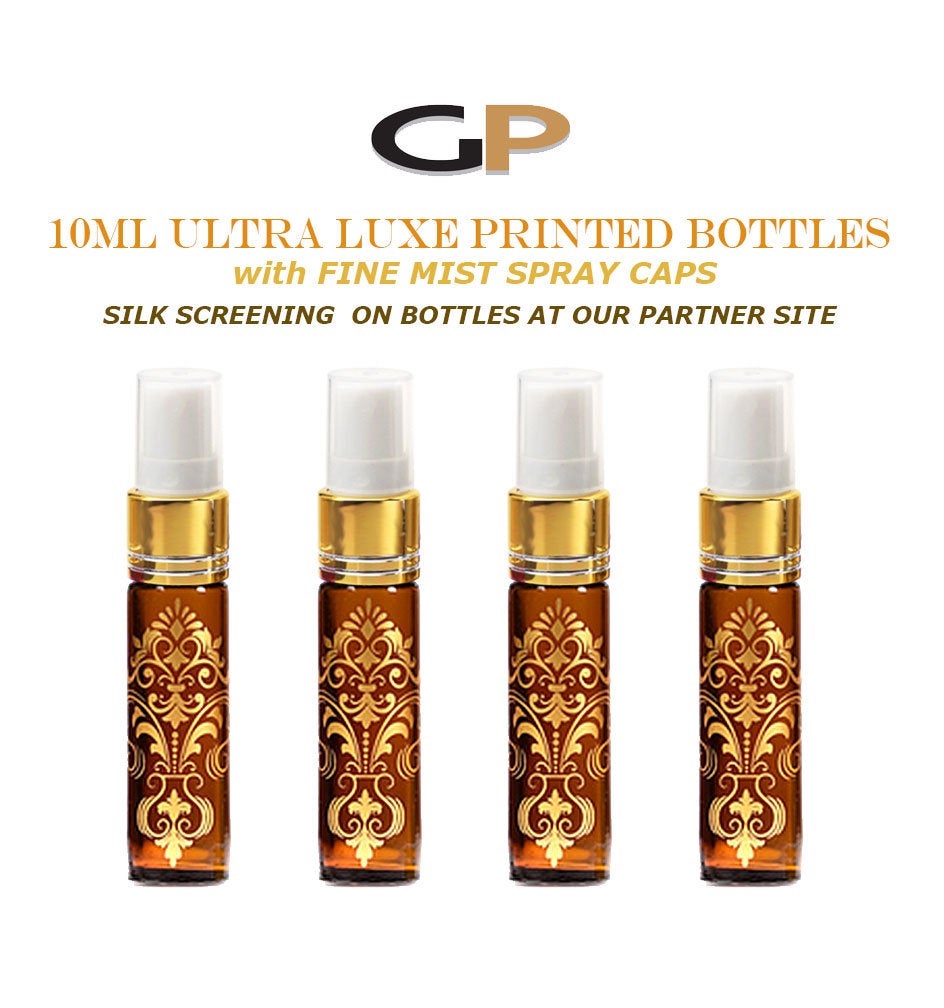 3 EXQUISITE 10ml Glass Atomizer Bottles Gold Foil Stamped Amber or Cobalt Blue w/ Gold or Silver Fine Mist Spray Pumps, Purse, Party, Gifts