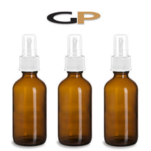 Load image into Gallery viewer, 3 Blue 8 Oz GLASS Boston Round Bottles Essential Oil, Linen Spray, Perfume Fine Mist Sprayers w/ White Plastic RIBBED Caps 240ml