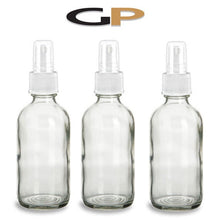 Load image into Gallery viewer, 3 Blue 8 Oz GLASS Boston Round Bottles Essential Oil, Linen Spray, Perfume Fine Mist Sprayers w/ White Plastic RIBBED Caps 240ml
