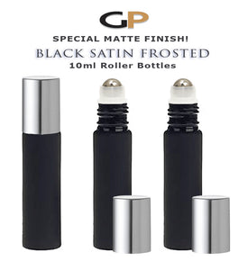 BLACK MATTE Oil Rollers, Satin Frosted Finish 10ml Roll On Glass Bottles Doesn't Chip Steel or Glass Shiny or Matte Aluminum Caps | 6 Units