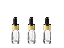 Load image into Gallery viewer, 100 Clear Glass 5ml LUXURY Dropper Bottle, Empty Euro/Boston Round 1/6 Ounce Shiny Metallic Cap Serum Essential Oil Eliquid Refillable 5 ml