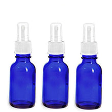 Load image into Gallery viewer, 3 Blue 2 Oz GLASS Boston Round Bottles Essential Oil, Linen Spray, Perfume Fine Mist Sprayers W/ White Plastic RIBBED Caps 60ml