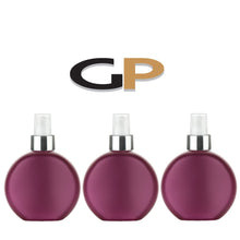 Load image into Gallery viewer, 3 PREMIUM Round 6 Oz PLUM HDPE Plastic Bottles w/ Shiny Silver or Gold Fine Mist Atomizer, Linen Mist, Body Spray, Floral Water, Perfumes