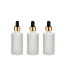 Load image into Gallery viewer, 12 FROSTED Cylinder 30ml Glass Bottles w/ Metallic Gold Glass Dropper  1 Oz UPSCALE LUXURY Cosmetic Skincare Packaging, Serum Essential Oil