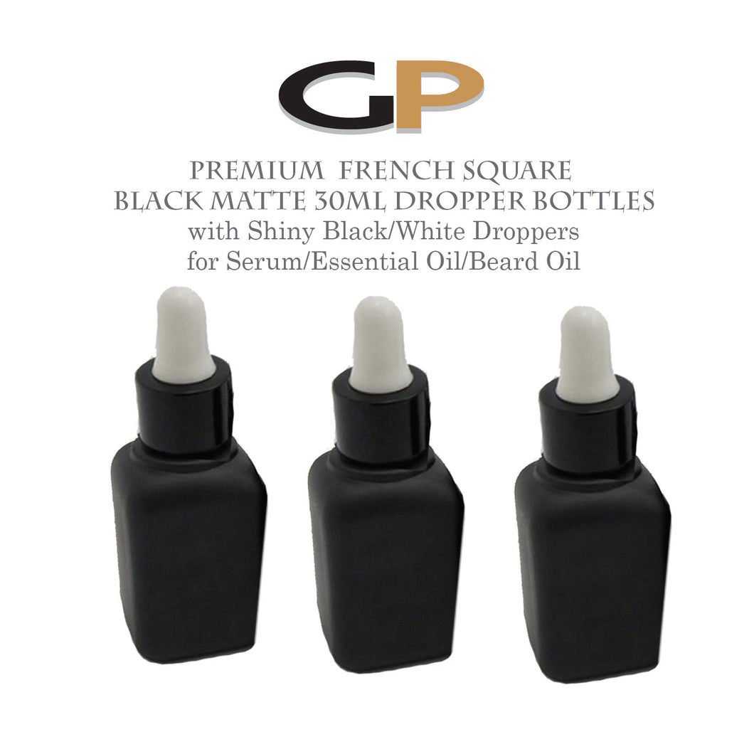 3 FRENCH SQUARE BLaCK MaTTE Glass Dropper Bottles w/ SHiNY BLaCK Metallic Aluminum Cap 1 Oz Private Label Packaging Serum Essential Oil