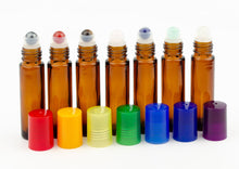 Load image into Gallery viewer, 7 pcs CHAKRA SET Natural GEMSTONE Roller Balls Amber or Clear 10ml Glass Roller Bottles Premium Rollon Chakra Colored Caps Essential Oil