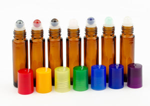 7 pcs CHAKRA SET Natural GEMSTONE Roller Balls Amber or Clear 10ml Glass Roller Bottles Premium Rollon Chakra Colored Caps Essential Oil