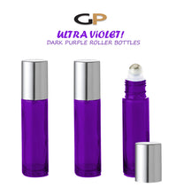 Load image into Gallery viewer, 24 ULTRA VIOLET PREMIUM 10ml Roll On Bottles Metal Stainless Steel Roller Ball Luxury Aluminum Your Choice Caps Essential Oil Blends Perfume
