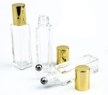 Load image into Gallery viewer, 10 LUXURY SQUARE Slim 7.5ml Clear Glass Roll-on, Gold Caps Roller Perfume Bottles Stainless STEEL Ball Fitment, 1/4 Oz Essential Oil, 7.5 ml
