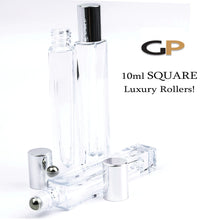 Load image into Gallery viewer, PREMIUM 10 ml Square Essential Oil Roller Bottle | Perfume Bottle | Sold in Sets of 2, 4 or 6 | SQUARE Slim 10ml Clear Glass Oil Roll-on