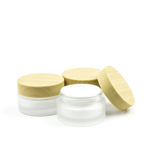 3 NATURAL BAMBOO Caps on FROSTED Glass 30mL Jars, w/ Sealing Liners, for Eye Serum Cream, Luxury Statement Spa Cosmetic Packaging Containers