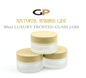 3 NATURAL BAMBOO Caps on FROSTED Glass 30mL Jars, w/ Sealing Liners, for Eye Serum Cream, Luxury Statement Spa Cosmetic Packaging Containers