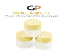 Load image into Gallery viewer, 3 NATURAL BAMBOO Caps FROSTED Glass 20mL Jars, w/ Sealing Liners, Eye Serum Cream, Luxury Statement Spa Cosmetic Packaging Empty Containers