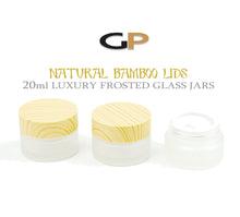 Load image into Gallery viewer, 3 NATURAL BAMBOO Caps FROSTED Glass 20mL Jars, w/ Sealing Liners, Eye Serum Cream, Luxury Statement Spa Cosmetic Packaging Empty Containers