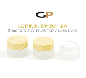 3 NATURAL BAMBOO Caps FROSTED Glass 20mL Jars, w/ Sealing Liners, Eye Serum Cream, Luxury Statement Spa Cosmetic Packaging Empty Containers