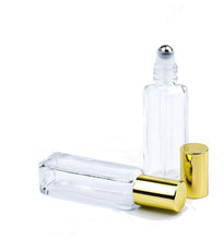 Load image into Gallery viewer, 12 LUXURY SQUARE Slim 7.5ml Clear Glass Roll-on, Gold Caps Roller Perfume Bottles Stainless STEEL Ball Fitment, 1/4 Oz Essential Oil, 7.5 ml