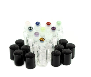 10Pcs Gemstone ESSENTIAL OIL Crystal Rollerballs 5ml Glass Roller Bottles (Choose Cap) Rose Quartz, Green Jade Amethyst, Amazonite Tiger Eye
