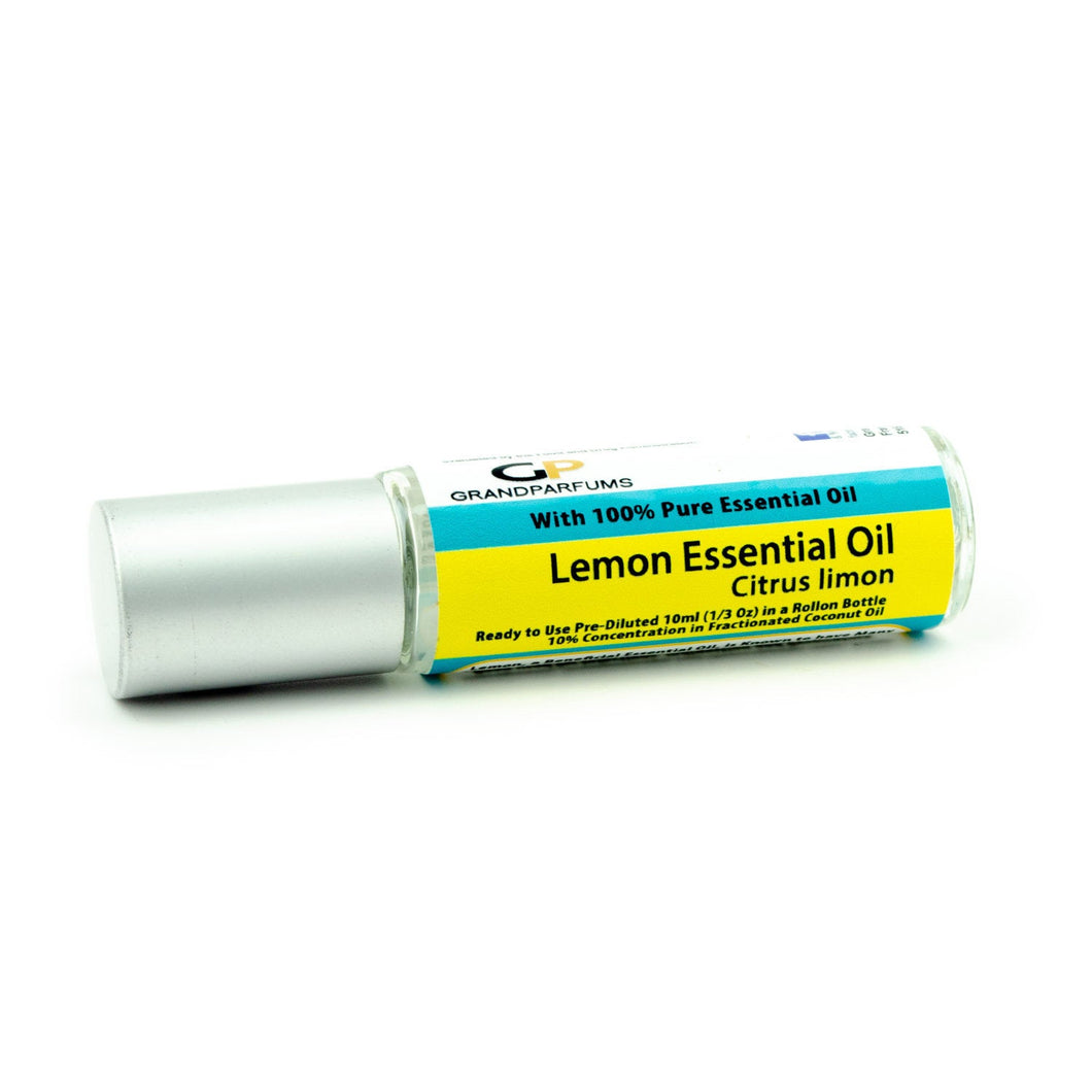 Prediluted LEMON ESSENTIAL OIL, 10ml Roller Bottle Ready to Use, Pure Organic Oil, with Fractionated Coconut Oil, Matte Silver Cap
