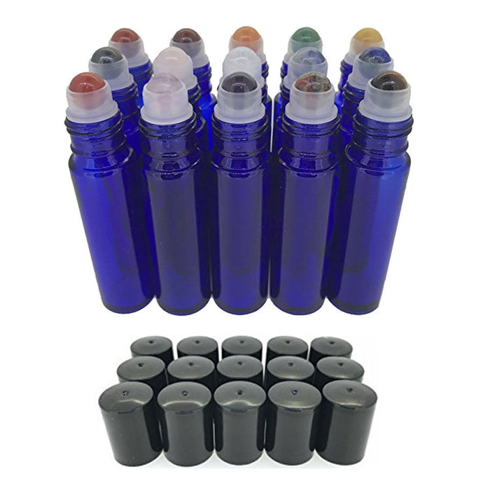 15pc Gemstone Set in COBALT Blue Glass LUXURY 10ml Roll On Bottles Chakras Essential Oil Blends Amethyst, Jade, Purple Fluorite, Rose Quartz