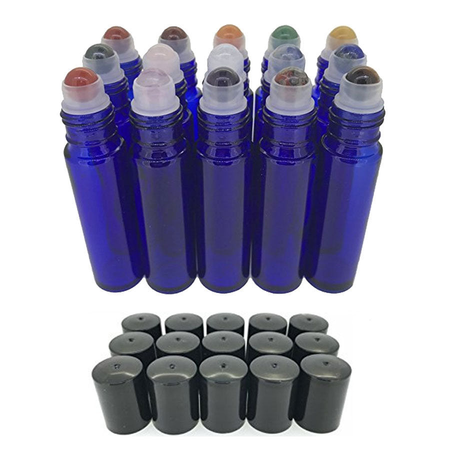 15pc Gemstone Set in COBALT Blue Glass LUXURY 10ml Roll On Bottles Chakras Essential Oil Blends Amethyst, Jade, Purple Fluorite, Rose Quartz