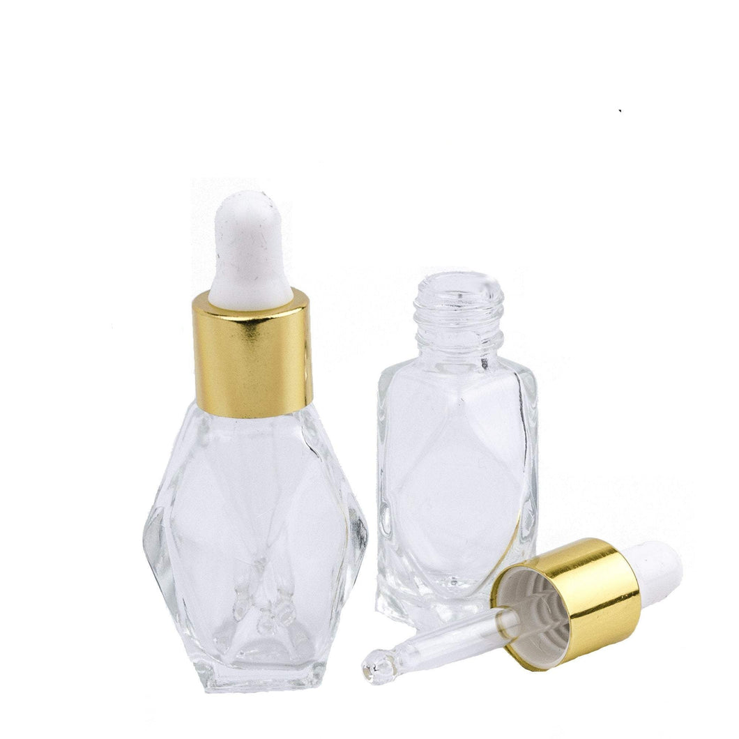 12 Pack PREMIUM Diamond Shaped 7.5ml Clear Glass Dropper Bottle, SiLVER or GOLD Caps Sampling Perfume Bottles  1/6 Oz Essential Oil, 5 ml