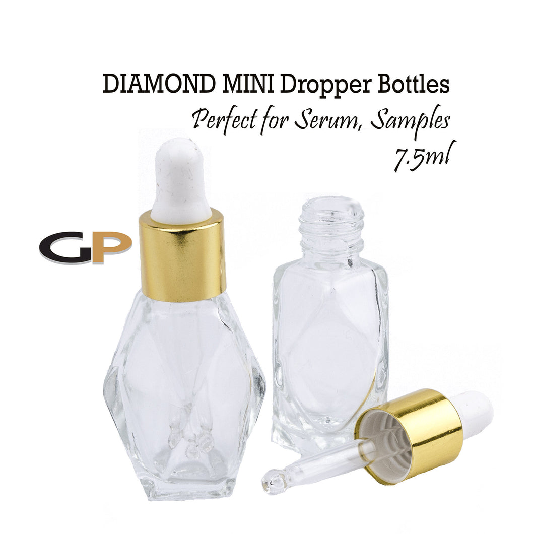 6 Pack PREMIUM DROPPERS 7.5ml Diamond Shaped Clear Glass Bottle, SiLVER or GOLD Caps Sampling Perfume Bottles 1/4 Oz Essential Oil, 7.5 ml