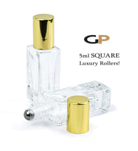 Load image into Gallery viewer, 5 ml  SQUARE Roller Bottle, Essential Oil 5ml Clear Glass Roller, Gold Caps Perfume Bottles STEEL Balls, 1/6 Oz Essential Oil Blends,  5 ml