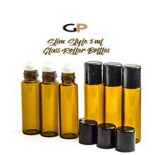 Load image into Gallery viewer, 6 Amber Micro Mini 5ml Rollon Bottles STAINLESS STEEL/GLASS Roller Balls Perfume Oil 1/6 Oz Lip Balm 5 ml W/ Bonus Essential Oil Key