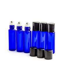 Load image into Gallery viewer, 24 Cobalt Blue Micro Mini 5ml Rollon Bottles STAINLESS STEEL/GLASS Roller Balls Perfume Oil 1/6 Oz Lip Balm 5 ml W/ Bonus Essential Oil Key