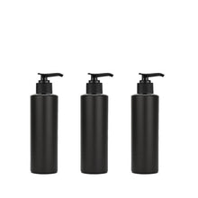 Load image into Gallery viewer, 12 BLACK MATTE Cylindrical 4 Oz Lotion Pump Bottles, HDPE Plastic w/ Silver Ribbed Pump 120ml Private Label Shampoo, Conditioner Masculine