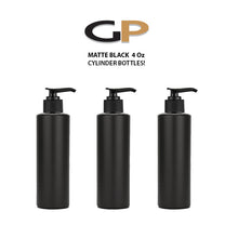 Load image into Gallery viewer, 6 BLACK MATTE Cylindrical 4 Oz Bottles, HDPE Plastic w/ Black or Silver Ribbed Lotion Pump 120ml Private Label Shampoo, Body Cream Masculine