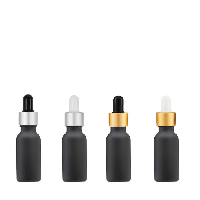 100Pcs 15ml BLACK MATTE Glass Boston Round Bottles Premium Gold or Silver Metal Dropper Caps Essential Oil Serum Cosmetic Product Dispersal