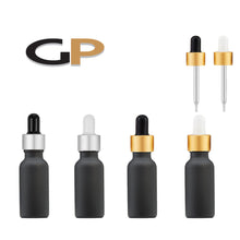 Load image into Gallery viewer, 6Pcs 15ml BLACK MATTE Glass Boston Round Bottles Premium Gold or Silver Metal Dropper Caps Essential Oil Serum Cosmetic Product Dispersal