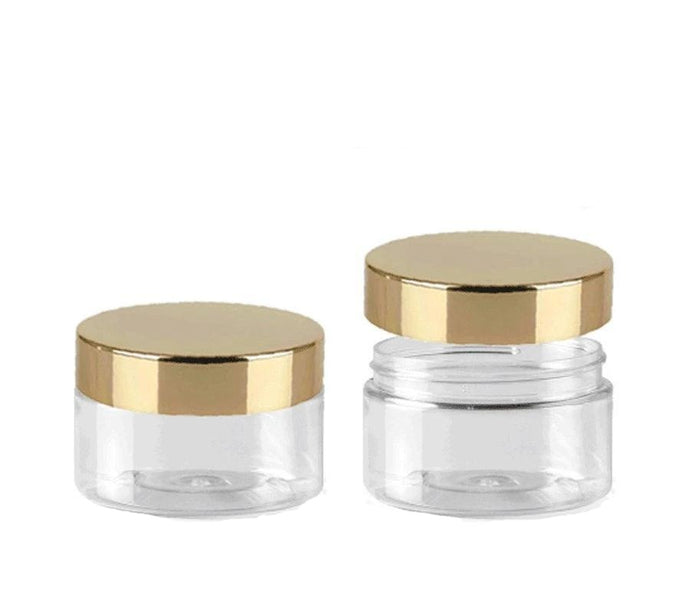 1 LUXURY 2 Oz Low Profile Clear 2 Oz PET Plastic Jars 60ml w/ Premium Shiny GOLD  Metal Overshell Caps