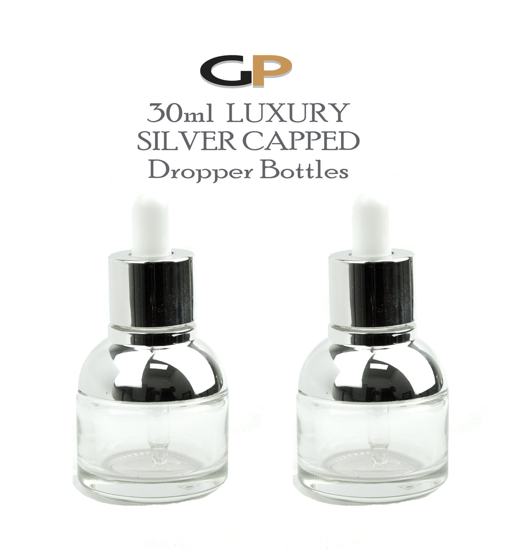3 LUXURY SILVER CAPPED 30ml Glass Bottles w/ Metallic Silver & White Dropper Pipette 1 Oz Cosmetic Skincare Packaging, Serum Essential Oil