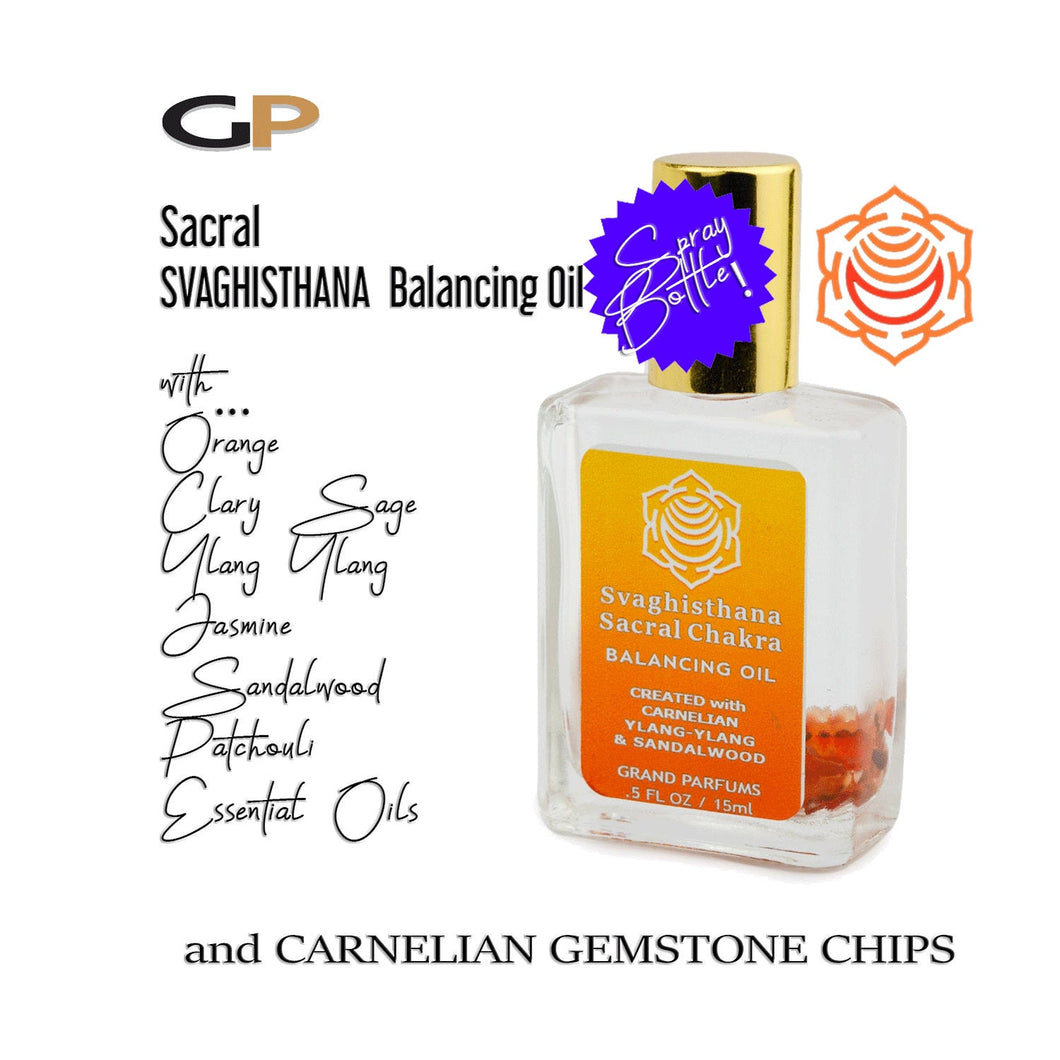 SACRAL CHAKRA Balancing Spray Oil SVAGHISTHANA 15ml Square Flat Mist Atomizer w/ Natural Carnelian Gemstones Orange & Jasmine Essential Oils