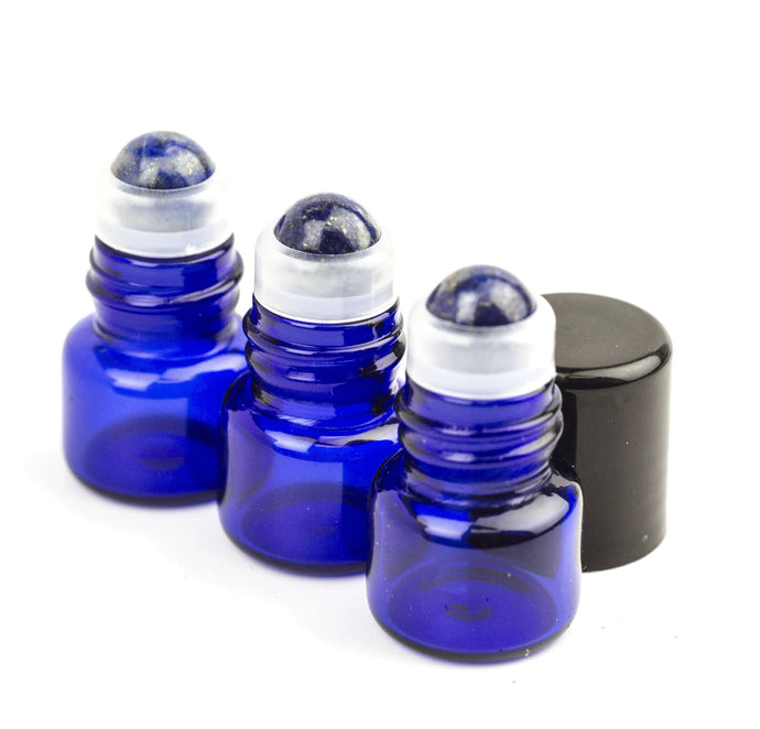 12 LAPIS LAZULI Gemstone Rollerballs in CoBALT BLuE 1ml, 2ml or 3ml MiNi Glass Roll-on Bottles Essential Oil Blends  Blk. Caps DIY