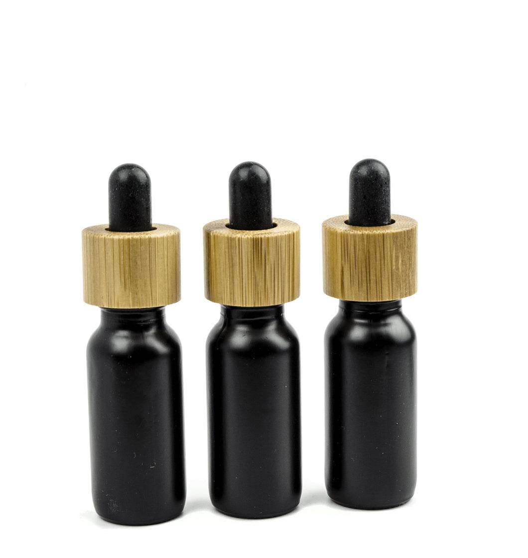 3 Pcs NATURAL BAMBOO Dropper Caps 15ml BLaCK MATTE Glass Boston Round Bottles Spa Packaging  Essential Oil Serum Cosmetic Product Dispersal